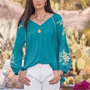 SUNDANCE BOHO NAOMI TEAL BLUE FLOWY EMBROIDERED TUNIC TOP SIZE XS